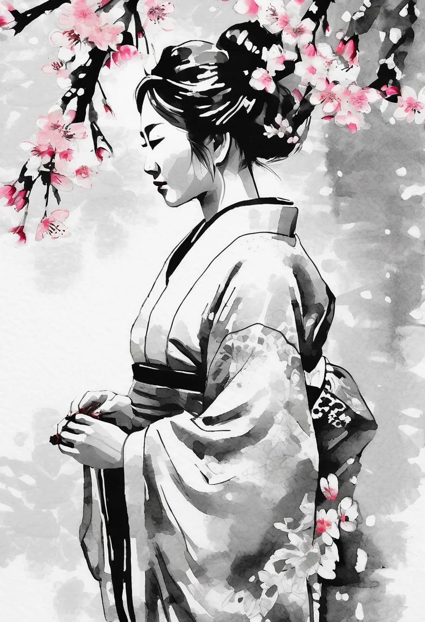 A Japanese woman wearing a traditional kimono smelling a banquet of cherry blossom flowers, Chinese sumi ink art style, black and white,ink brush stroke and some ink splatters, rice paper texture, wet on wet techniques. perfect contrast,. the image is in a grayscale tones with a nice almost perfect contrast. the image as a peculiar antique yellowish tone like those ancients arts from asia. rich brush strokes.