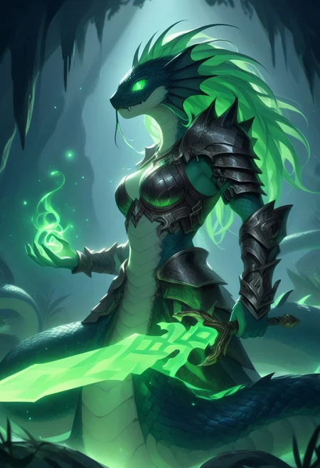Naga,  holding a Glowing Rune Sword, glowing rune armor,