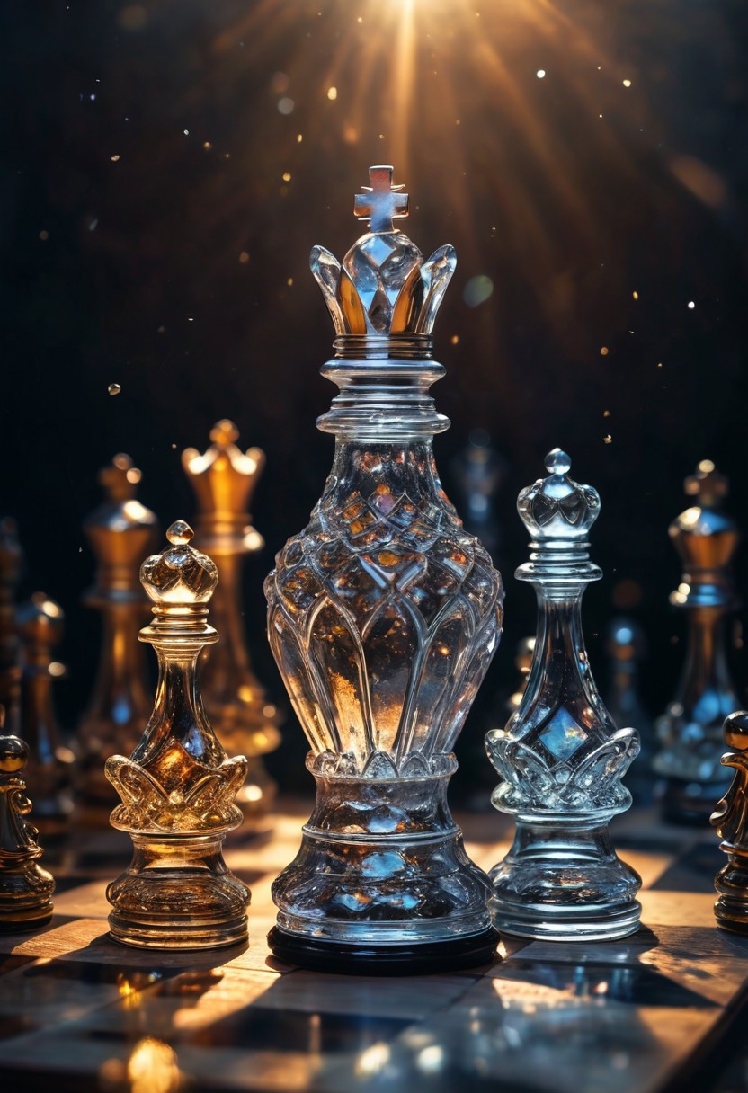 [Masterpiece. Realistic. Transparent Beings. Everything in this universe is made out of sparkling glass crystals. A chess piece made of crystals. Water explosions. Transparent or silver body parts.], detailed, romantic, very inspirational, beautiful, elegant, lovely, cute, pretty, modern, epic composition, fabulous atmosphere, cinematic light, dynamic dramatic ambient, Vibrant Colors , glowing highlights, 
ral-tr33brnch, Arttrttrt, extreme Long Shot, masterpiece, intricate detail, best quality, absurd resolution, Gothic, black stone with golden stripes, elegant, luxury, royal, expensive, 
Stylized chess pieces. Queen chess, Chess game, chess board, luxury and golden design. Photo realistic, cinematic light, concept art. ,