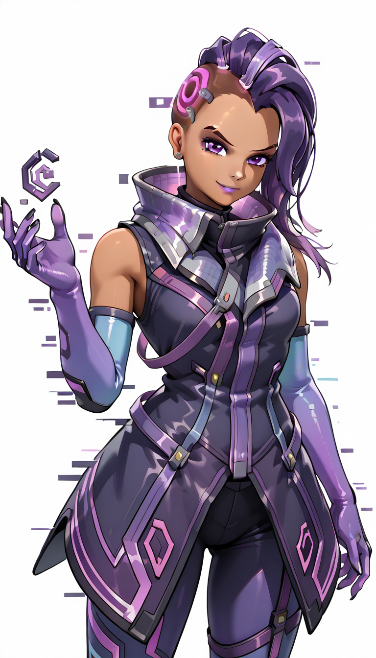 sombra1x, hackoutfit, glitch, white background <lora:Sombra_ILL:1>