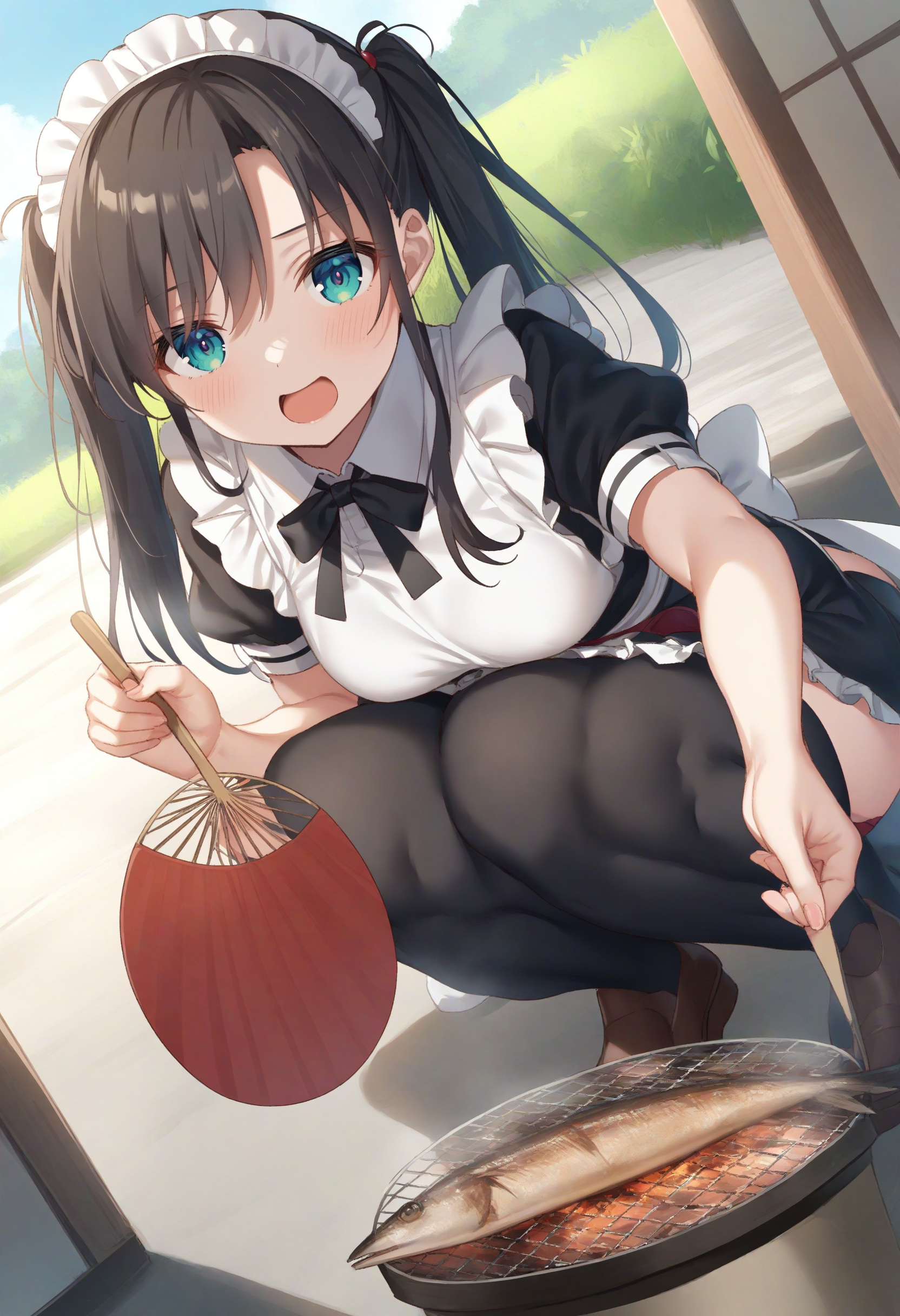 1girl,sincos, ningen mame, toosaka asagi,solo,medium breasts,20yo,maid,maid headdress,
saury, shichirin, grill, grilling, squatting, hand fan, paper fan, holding,outdoors, <lora:saury_XL_v1:0.8>
from behind, cinematic angle, looking back, gray hair, aqua eyes,laugh, open mouth, two side up hair,,
best quality, very aesthetic, absurdres