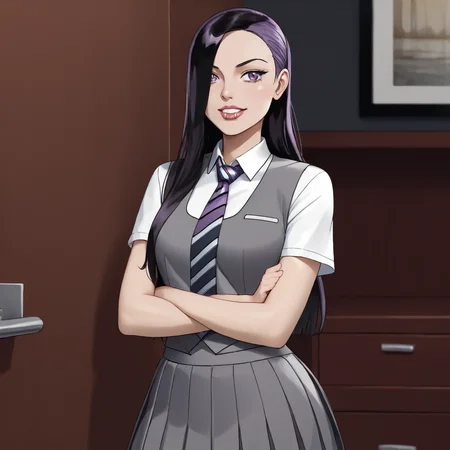 <lora:Vampblade_pony_v1:1>Katie, 1girl, long hair, hair over one eye, black hair, medium breasts,  makeup, purple eyes, cowboy shot,  <lora:1014 Home wear 32_v1_pony:1> uanyi1014,black jacket,grey skirt,grey vest,pleated skirt,striped necktie,clasp,