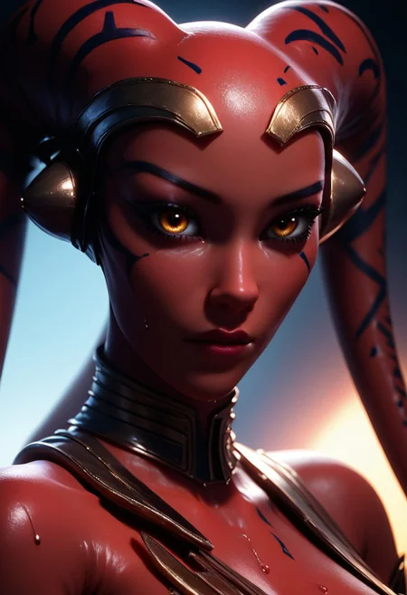 masterpiece,best quality, highly detailed, perfect skin, detailed skin, oiled skin, skindentations, 4k image, high resolution, score_9, score_8_up, score_7_up,  DTalon_DG,, red skin, orange eyes, facial mark, tattoo, twi'lek, armor,black pelvic curtain ,cgi, 3D, medium montral, symmetrical face, beautiful eyes, 4k, solo, godrays, 1girl, (high detail, Smooth, sharp lines, detailed, masterpiece, 1girl, solo, seductive woman, eyeshadow, shining skin, perfect quality, high quality, ambient occlusion, raytracing, source_anime, shining glossy skin, soft lighting, soft skin, soft skin, realistic skin, blum effect, masterpiece, absolutely eye-catching, (((close shot of tits:1.5, tits focused:1.4))), perky nipples, perfect round breast, sweaty, sweat drops,