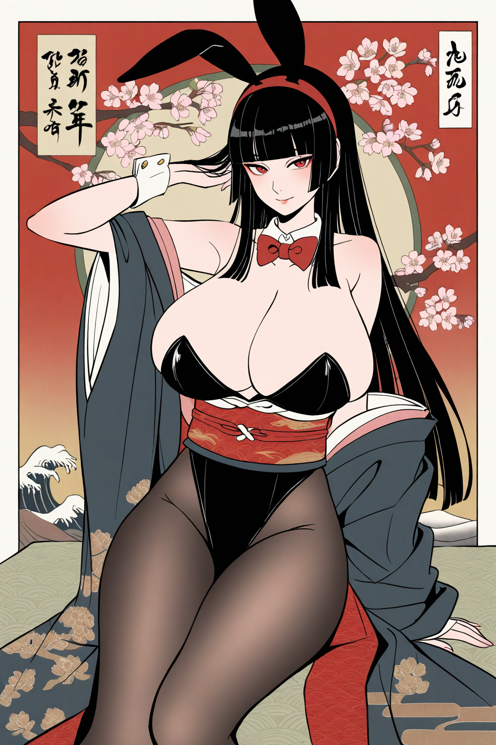 safe_pos, masterpiece, best quality, very aesthetic, absurdres, highres, 2023, newest, (ukiyo-e, nihonga, fine art:1.2), japonisme, flat color, 1girl, solo, posing, red eyes, black hair, long hair, straight hair, blunt bangs, hime cut, playboy bunny, obi, japanese clothes, black leotard, pantyhose, detached collar, red bow, hairband, bunny ears, huge breasts, cherry blossoms, 4k wallpaper, ripple,masterpiece,best quality,very aesthetic,absurdres