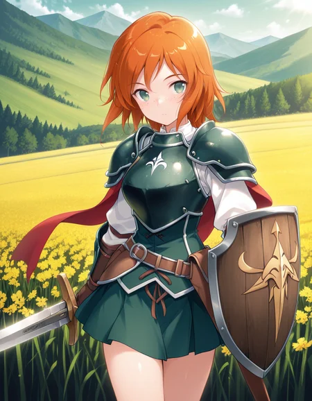 (fuj1w4r4), <lora:1_illu_fujiwara_warawara_v2_30e:1> ,, 1girl, armor, sword and shield, skirt, freckles, orange hair, medium hair, green eyes, field, mountains, (masterpiece, best quality, amazing quality),