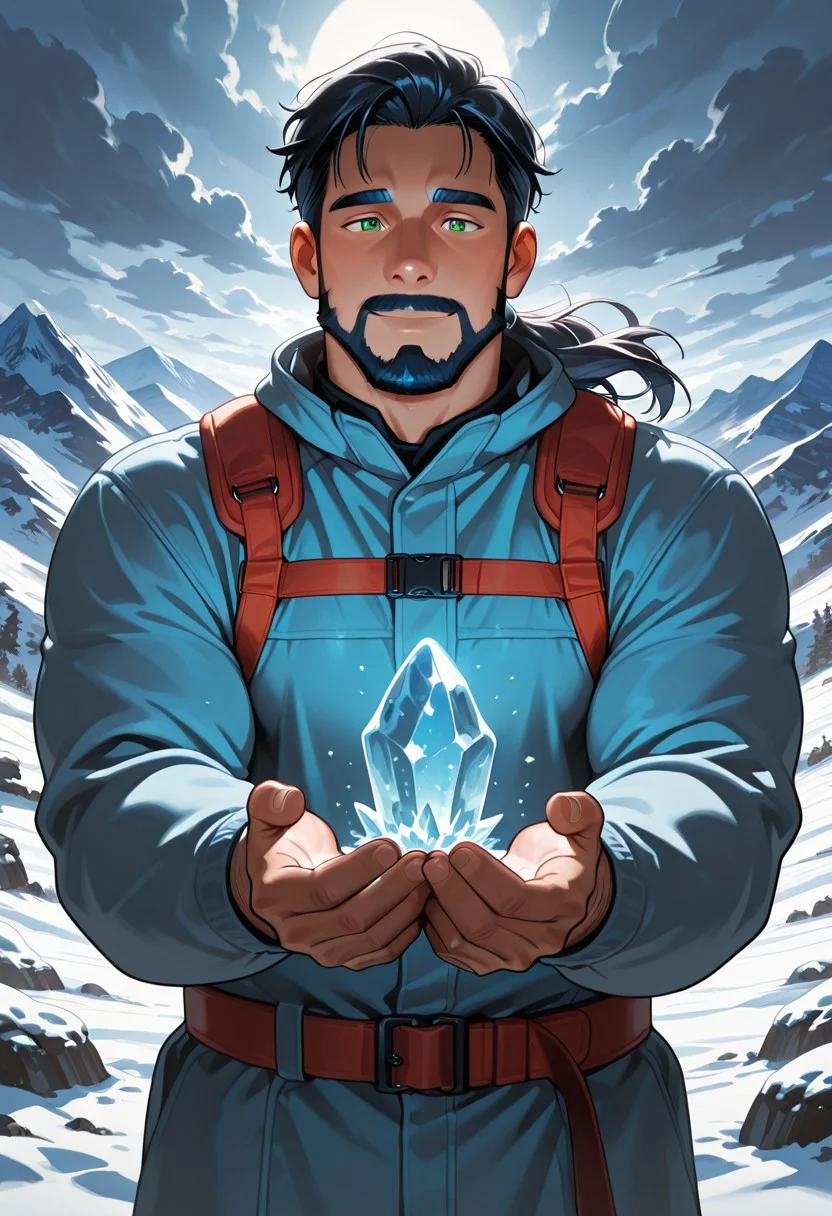 (masterpiece), best quality, 1boy, mbti_enfj, mature man, muscle man, green eyes, black-tied hair, facial hair, mountain rescue, stormy peaks, caring gaze, helping hand, strong pose, windswept hair, snowy landscape, dynamic lighting, dramatic clouds, glowing mountain light, determination, heroic action, rugged terrain, focused expression, mist, ice, soaring eagle