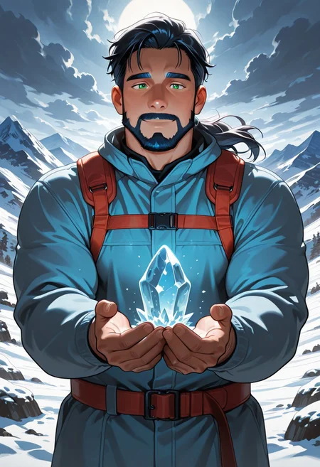 (masterpiece), best quality, 1boy, mbti_enfj, mature man, muscle man, green eyes, black-tied hair, facial hair, mountain rescue, stormy peaks, caring gaze, helping hand, strong pose, windswept hair, snowy landscape, dynamic lighting, dramatic clouds, glowing mountain light, determination, heroic action, rugged terrain, focused expression, mist, ice, soaring eagle