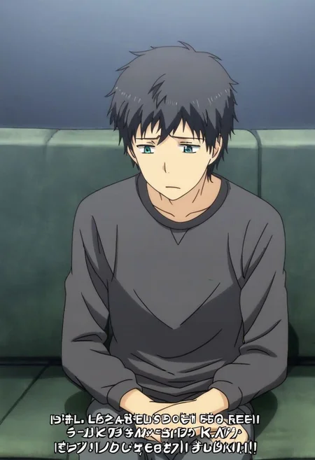 high resolution, solo, best quality, 1Boy, Arata Kaizaki, Black Hair, deep talk, helpless, sit, couch, OverallDetail