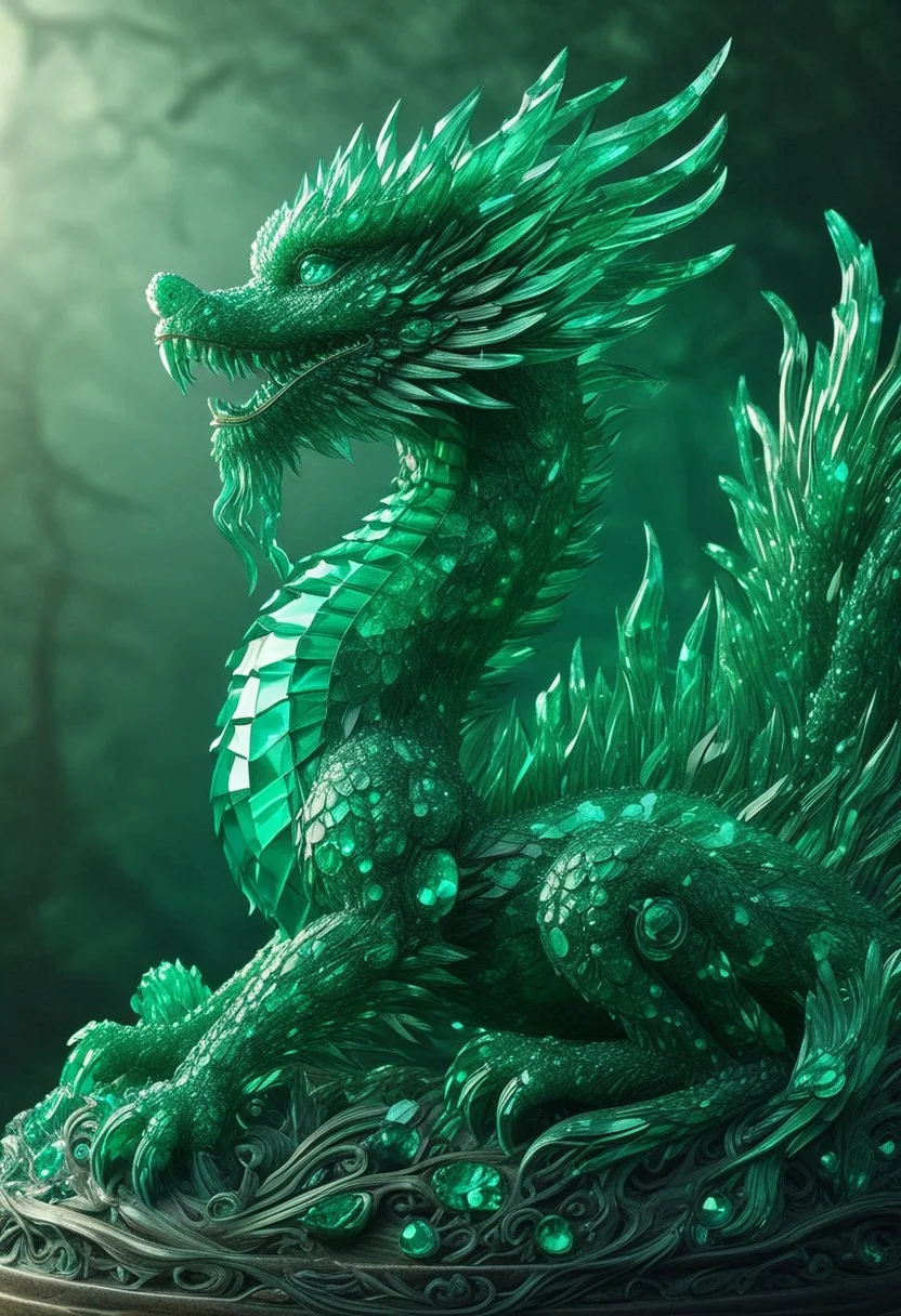 emeraldmorph, a small dragon, sharp edges, detailed, good composition, 3d sculpture, high detail, glowing against a forest background