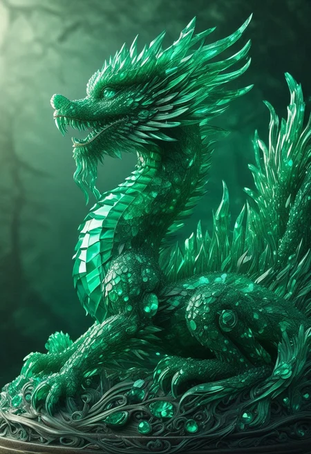 emeraldmorph, a small dragon, sharp edges, detailed, good composition, 3d sculpture, high detail, glowing against a forest background