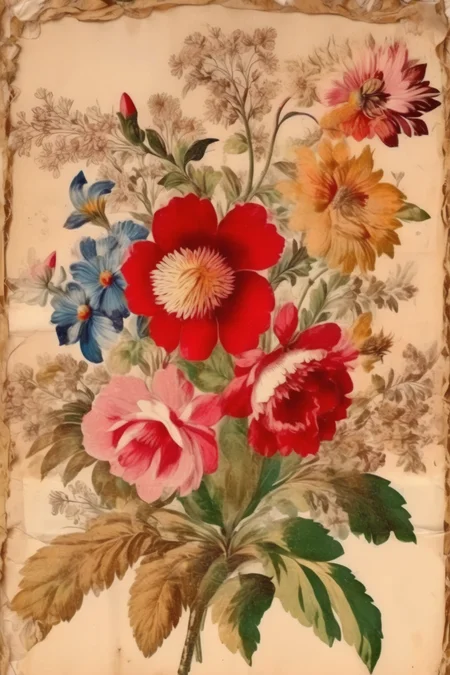 <lora:Anna Maria Garthwaite Style:1>Anna Maria Garthwaite Style - ephemera, vintage paper, floral border, middle of image has no flowers