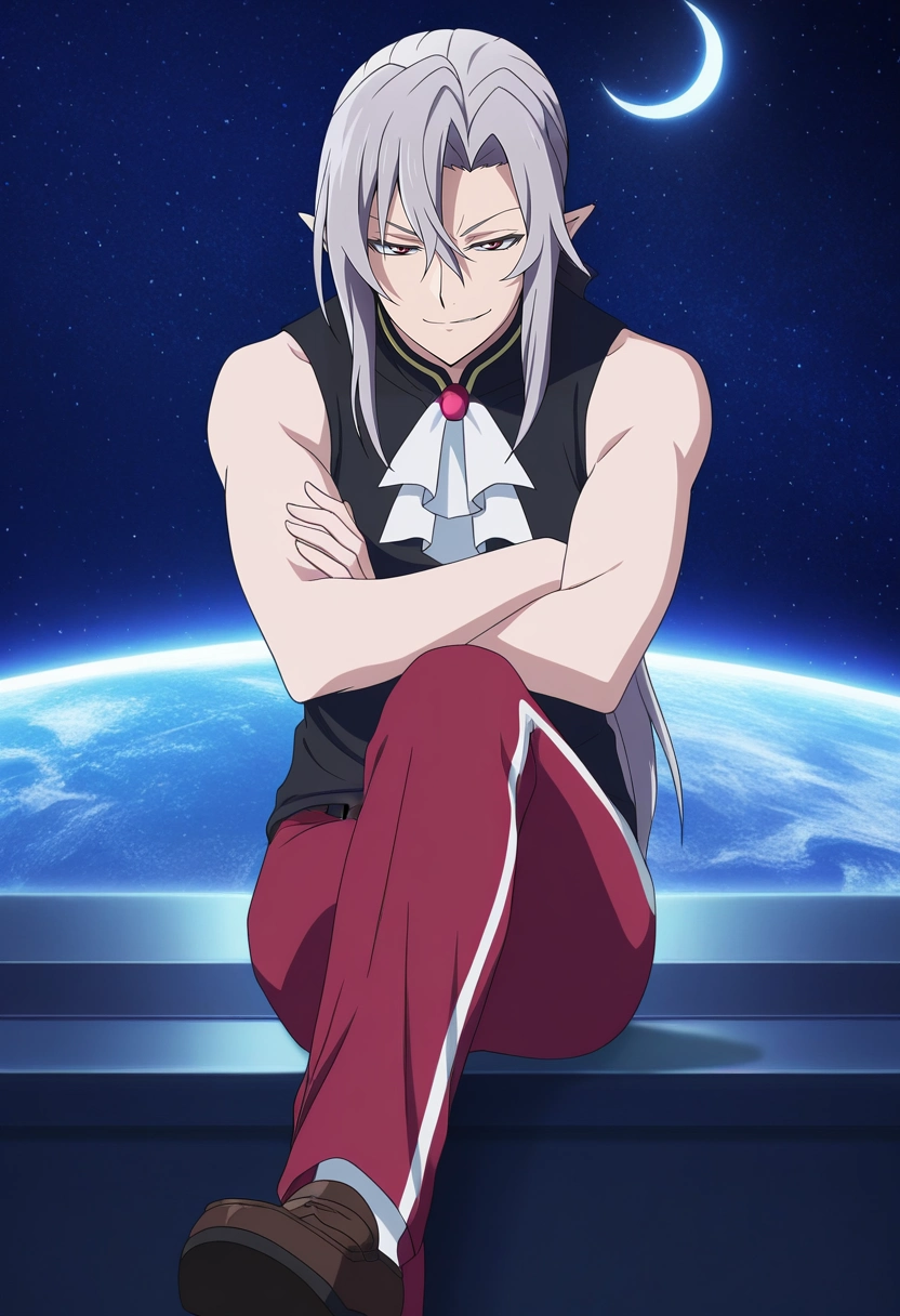 masterpiece, best quality, , anime screencap, , official style, looking at viewer, 1boy, solo, male focus, <lora:ferid_bathory_ilxl:0.92>, ferid_bathory, grey hair, red eyes, long hair, hair between eyes, pointy ears, ponytail, , focused, space, planets, night, crescent moon, crossed arms, smirk, CherryRed Linen Track pants with side stripes, Sleeveless tank top, Suede loafers, Ascot cap,