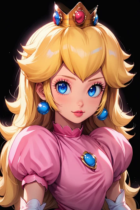 <lora:KuroCAT_Style:1>, high resolution, highly detailed, perfect lighting, beautiful detailed eyes, upper body, black background, 1girl, solo, looking at viewer, <lora:Princess_Peach_Shiny_Style-000009:0.7>, princess peach, blonde hair, blue eyes, long hair, crown, dress, gem, gloves, pink dress, puffy short sleeves, puffy sleeves, short sleeves, white gloves,