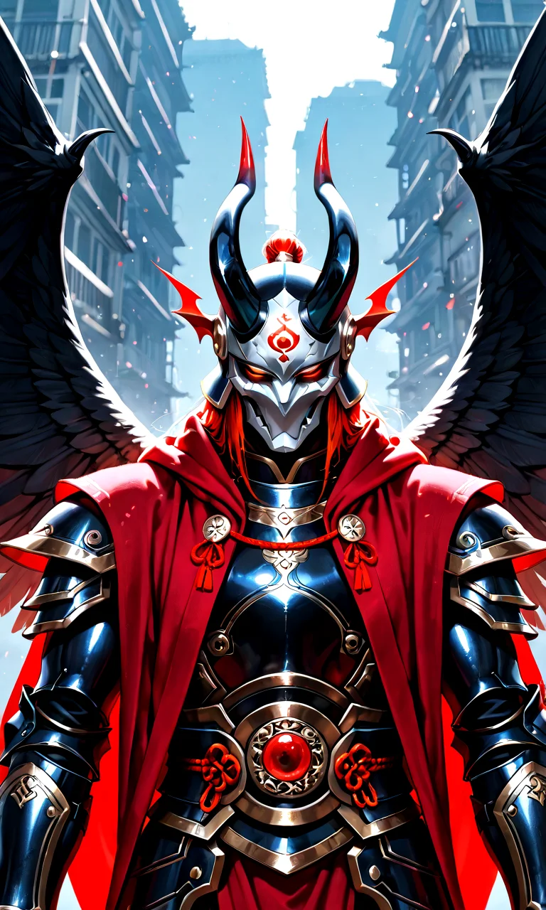realistic, photorealistic, very aesthetic, best quality, absurdres, masterpiece, best quality, amazing quality, newest, scenery, porcelain mask, helmet, upper body, full armor, holding weapon, horns, 1boy, male focus, mask, midnight1111, solo, standing, wings, realistic, photorealistic, very aesthetic, best quality, absurdres, masterpiece, best quality, amazing quality, newest, scenery, depth of field, Expressiveh, __midnight_gestures__, __midnight_emotions__, embedding:zPDXLrl, embedding:zPDXLxxx, embedding:zPDXL2, embedding:zPDXL3