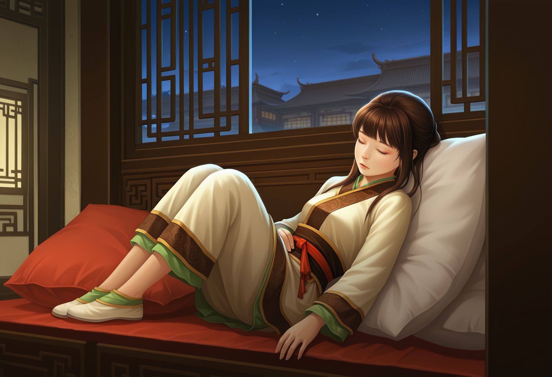 <lora:shuijing_(xuan_yuan_sword)_v1_IL-29:1.0> shuijing, solo, 1girl, long hair, brown hair, sitting, knees up, closed eyes, chinese clothes, sash, sleeping, indoors, east asian architecture, pillow, night, night sky, window, source_anime, realistic,