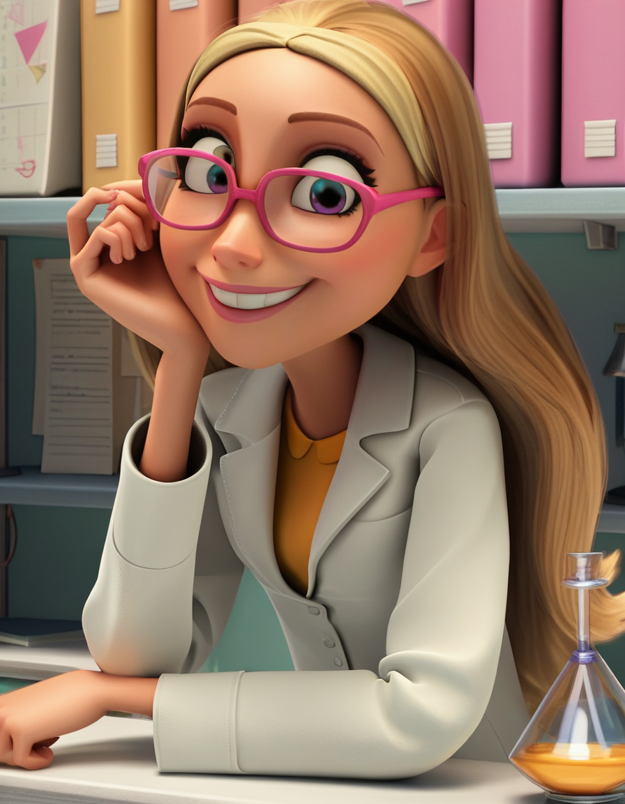 score_9, score_8_up, score_7_up, source_anime, <lora:honey-lemon-movie-ponyxl-lora-nochekaiser:1>, honey lemon, long hair, blonde hair, 3d,, glasses, pink-framed eyewear, coat, labcoat, white coat,, indoors, smile, looking at viewer, solo, sitting, head rest,, cowboy shot, dutch angle