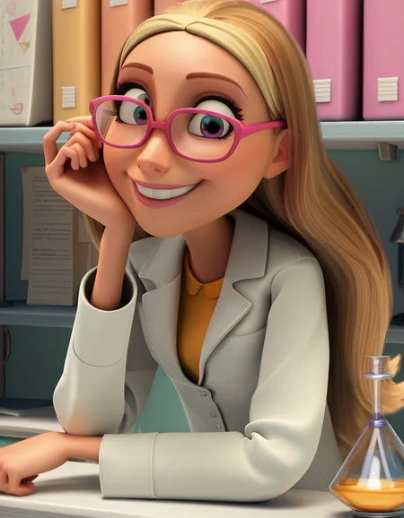 score_9, score_8_up, score_7_up, source_anime, <lora:honey-lemon-movie-ponyxl-lora-nochekaiser:1>, honey lemon, long hair, blonde hair, 3d,, glasses, pink-framed eyewear, coat, labcoat, white coat,, indoors, smile, looking at viewer, solo, sitting, head rest,, cowboy shot, dutch angle