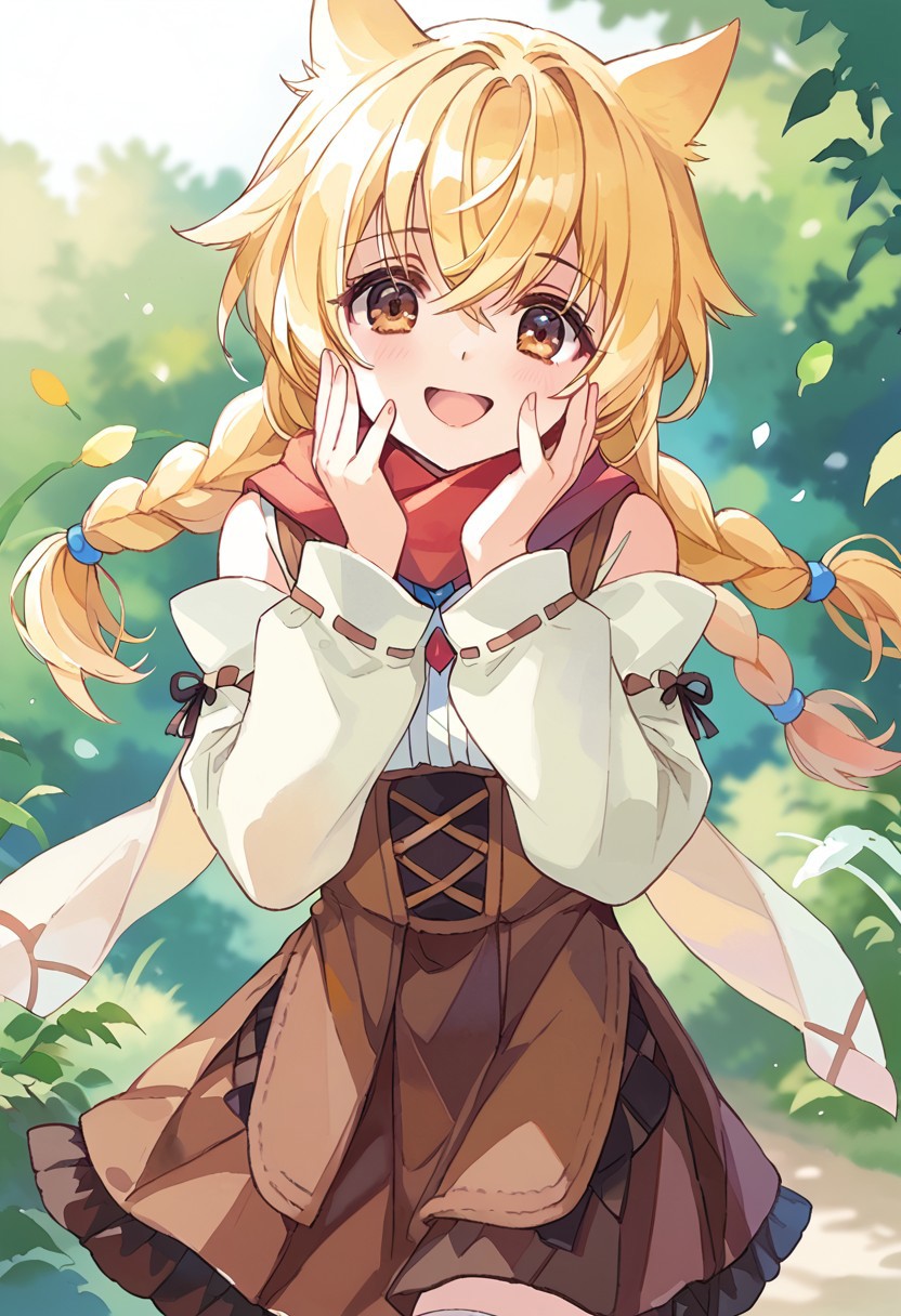 score_9, score_8_up, score_7_up, source_anime,
 <lora:ue_pony_v1:1> ueue, watercolor \(medium\), blurry, 
1girl, solo,  happy, joyful, hand on own face, looking at viewer, animal ears, long hair, blonde hair, twin braids,  brown eyes, white dress, detached sleeves, brown skirt, thighhighs, zettai ryouiki,  scarf, outdoors, nature,