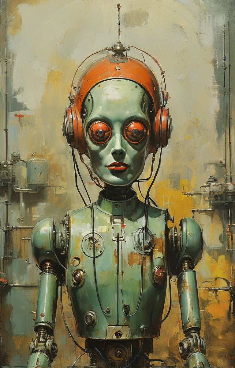 masterpiece,best quality,<lora:tbh281-sdxl:0.9>,illustration,style of Basil Gogos portrait of Housework robots