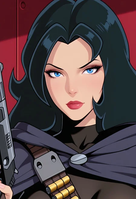 MASTERPIECE, AMAZING QUALITY, PORTRAIT, JULIE, BLACK HAIR, BLUE EYES, BODYSUIT, CLOAK, BANDOLIER, DUAL WIELD GUNS
