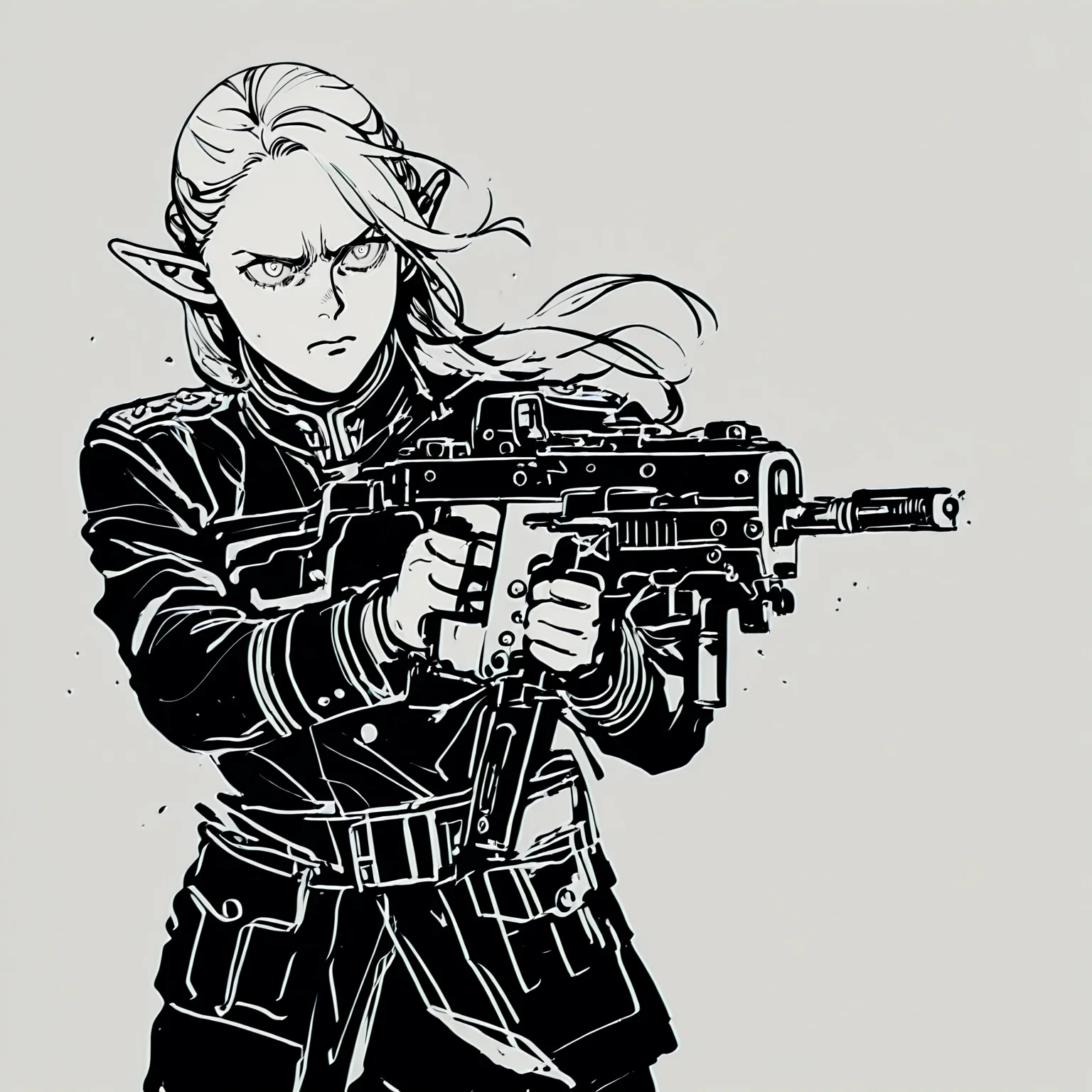 1girl, solo, Marcille Donato, military uniform, YojiShinkawa, sketch, lineart, serious, dynamic pose, cowboy shot, kriss vector, submachine gun, shouldered rifle, aiming, grey background, gradient background, masterpiece, best quality, newest, absurdres, highres, safe, <lora:noobai_ep11_stabilizer_v0.138_fp16_1212730:1><lora:YojiShinkawa:1.2> <lora:kriss_vector_v2:1>