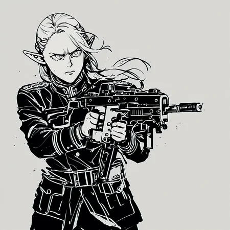 1girl, solo, Marcille Donato, military uniform, YojiShinkawa, sketch, lineart, serious, dynamic pose, cowboy shot, kriss vector, submachine gun, shouldered rifle, aiming, grey background, gradient background, masterpiece, best quality, newest, absurdres, highres, safe, <lora:noobai_ep11_stabilizer_v0.138_fp16_1212730:1><lora:YojiShinkawa:1.2>  <lora:kriss_vector_v2:1>