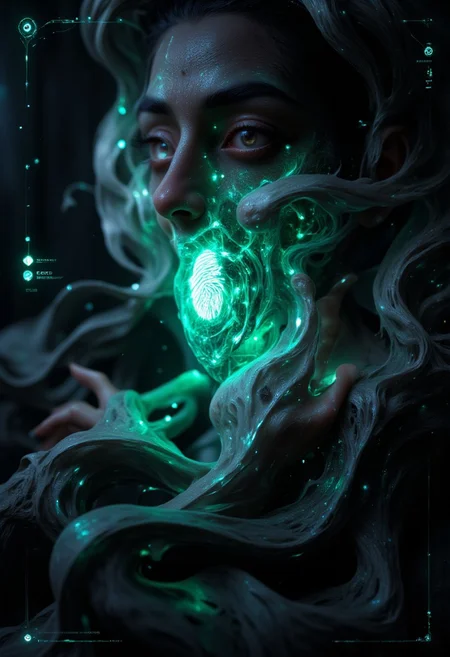 Emo woman upper body face close up. A hyper-detailed, futuristic close-up of a human fingertip illuminated by a soft green glow, revealing a complex, holographic circuit pattern etched into the skin, resembling a digital fingerprint. The intricate lines and nodes of the circuitry shimmer with a faint white and blue light, symbolizing advanced biometric technology. Surrounding the finger, a semi-transparent user interface displays scanning progress indicators, synchronization bars, and faint text overlays, adding to the high-tech aesthetic. The background is softly blurred, suggesting a sleek, digital environment while emphasizing the focus on the finger and its augmented details. <lora:aidmaFLUXPro1.1-FLUX-v0.3.safetensors:1.0>,  <lora:Dark side of light.safetensors:0.55>, <lora:Glitchcore_Flux.safetensors:0.8>,