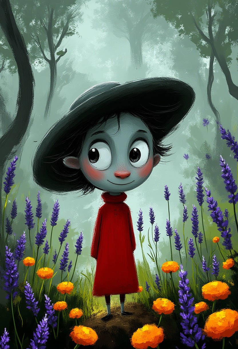 A whimsical illustration of a small figure of shreck in dark whimsical art style, wearing wide-brimmed black hat and red dress, standing among lavender and marigolds, digital painting with expressive brushstrokes, misty forest background, characteristic Tim Burton inspired design with curious eyes