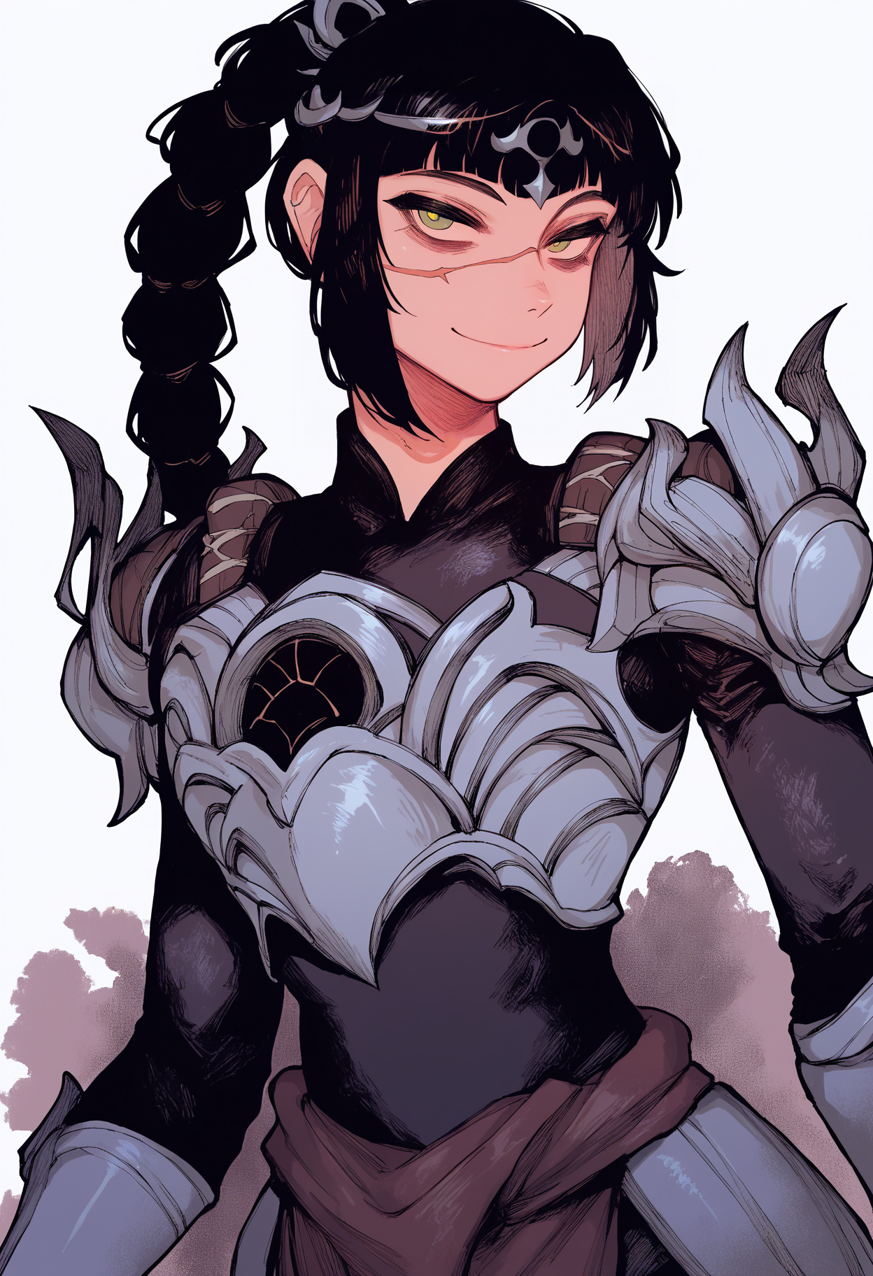 score_9, score_8_up, score_7_up, BREAK,
1girl, solo, shadowheart, black hair, braided ponytail, green eyes, 
scar on face, circlet, looking at viewer, armor, smile, standing, white background <lora:ShadowHeartXL:1>    <lora:KarasuChanXLLocon_byKonan:1>