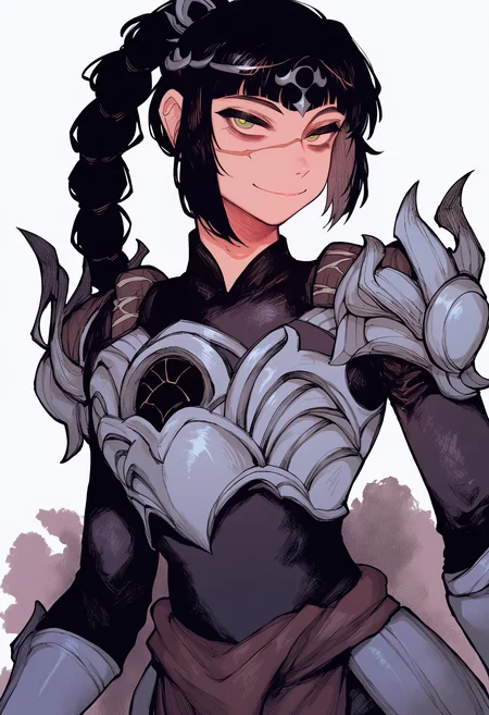 score_9, score_8_up, score_7_up, BREAK,
1girl, solo, shadowheart, black hair, braided ponytail, green eyes, 
scar on face, circlet, looking at viewer, armor, smile, standing, white background <lora:ShadowHeartXL:1>    <lora:KarasuChanXLLocon_byKonan:1>