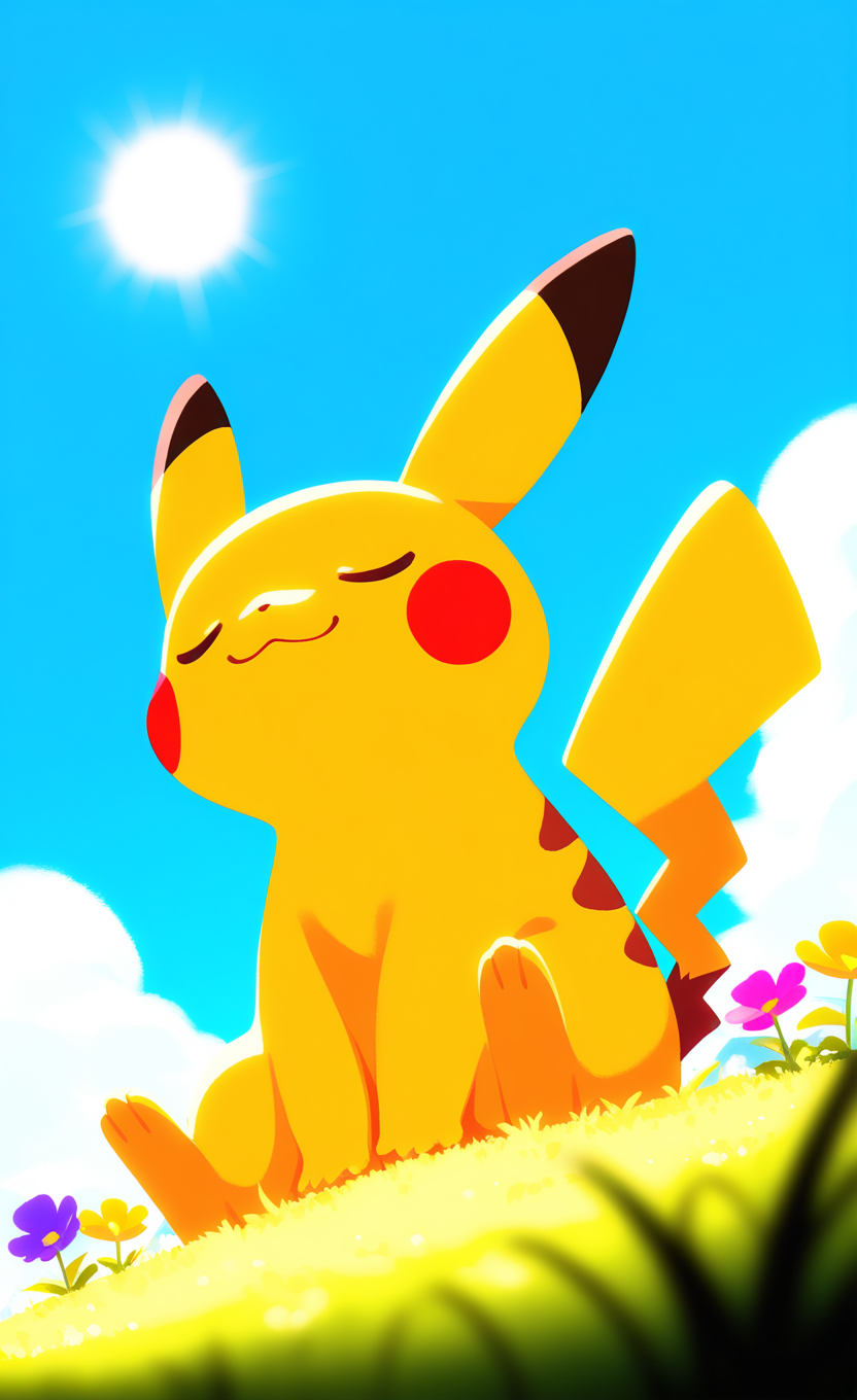 masterpiece, best quality, good quality, very awa, very aesthetic, absurdres, newest, pikachu, pokemon \(creature\), solo, no humans,
smile, closed mouth, closed eyes, :3, sitting, outdoors, sky, day, sun, cloud, blue sky, grass, flower, pink flower, yellow flower, purple flower, Blurred foreground,
from below, Dutch angle,Wide Shot, Full body, haiz_ai, no lineart,no outline <lora:NOOB_vp1_detailer_by_volnovik_v1:0.35> <lora:noobai_ep11_stabilizer_v0.138_fp16:0.5> <lora:ponyv6_noobV1_2_adamW-000017:0.7> <lora:haiz_ai_illu:0.8>