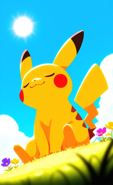 masterpiece, best quality, good quality, very awa, very aesthetic, absurdres, newest, pikachu, pokemon \(creature\), solo, no humans,
smile, closed mouth, closed eyes, :3, sitting, outdoors, sky, day, sun, cloud, blue sky, grass, flower, pink flower, yellow flower, purple flower, Blurred foreground,
from below, Dutch angle,Wide Shot, Full body, haiz_ai, no lineart,no outline <lora:NOOB_vp1_detailer_by_volnovik_v1:0.35> <lora:noobai_ep11_stabilizer_v0.138_fp16:0.5> <lora:ponyv6_noobV1_2_adamW-000017:0.7> <lora:haiz_ai_illu:0.8>