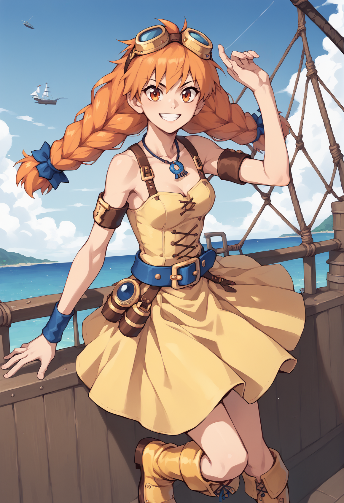 1girl, solo, twin braids, orange hair, long hair, orange eyes, necklace, dress straps, yellow dress, Goggles On Head, armlet, blue belt, wristband, single glove, yellow boots, contraposto, smile, pirate ship, outdoors  <lora:Aika_Skies_of_Arcadia_XL:1>, score_9, score_8_up, score_7_up, score_6_up, score_5_up, score_4_up, BREAK source_anime, masterpiece