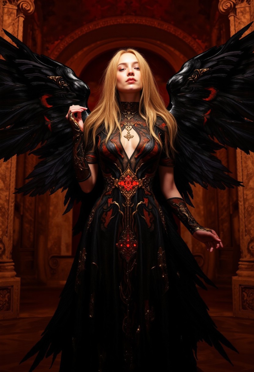 A majestic and ethereal woman stands in a shadowed, mystical environment, her large black feathered wings arching dramatically behind her. The wings curve outward with breathtaking, lifelike texture, highlighted by subtle reflections that add depth and contrast. Her serene expression radiates quiet power and wisdom, framed by golden blonde hair cascading past her shoulders, with crimson-tipped strands adding striking contrast.
She wears a flowing, sheer black gown adorned with intricate, ember-like patterns fading between crimson and gold. The translucent fabric reveals her graceful silhouette while accentuating the glowing designs. The gown’s draped sleeves enhance her regal, otherworldly presence, as her slightly raised arms and delicate hand movements evoke the sense of a ritual or performance. Gold accents on her wrists and fingers shimmer softly, and a glowing red gemstone pendant at her neck pulses faintly with inner light, drawing attention to the lace-like detailing of her neckline.
The background is cavernous and ancient, bathed in red and gold hues. Soft ambient lighting creates a chiaroscuro effect, where shadows and highlights play across her figure, emphasizing her luminous skin and the intricate details of her attire. The scene exudes dark beauty, mysticism, and haunting elegance, evoking an otherworldly, sacred atmosphere.