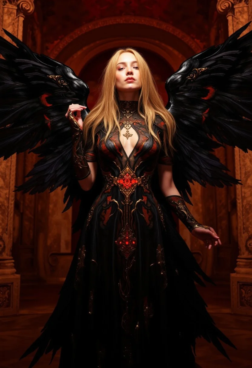 A majestic and ethereal woman stands in a shadowed, mystical environment, her large black feathered wings arching dramatically behind her. The wings curve outward with breathtaking, lifelike texture, highlighted by subtle reflections that add depth and contrast. Her serene expression radiates quiet power and wisdom, framed by golden blonde hair cascading past her shoulders, with crimson-tipped strands adding striking contrast.
She wears a flowing, sheer black gown adorned with intricate, ember-like patterns fading between crimson and gold. The translucent fabric reveals her graceful silhouette while accentuating the glowing designs. The gown’s draped sleeves enhance her regal, otherworldly presence, as her slightly raised arms and delicate hand movements evoke the sense of a ritual or performance. Gold accents on her wrists and fingers shimmer softly, and a glowing red gemstone pendant at her neck pulses faintly with inner light, drawing attention to the lace-like detailing of her neckline.
The background is cavernous and ancient, bathed in red and gold hues. Soft ambient lighting creates a chiaroscuro effect, where shadows and highlights play across her figure, emphasizing her luminous skin and the intricate details of her attire. The scene exudes dark beauty, mysticism, and haunting elegance, evoking an otherworldly, sacred atmosphere.
