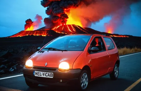 erupting volcano, volcanic eruption black rocks, hellscape, fantastic, glowing lava rivers, night, foggy, a red metalflake renault twingo car , black wheels, from the front, headlights shining through the fog <lora:Twingo_SDXL:1>