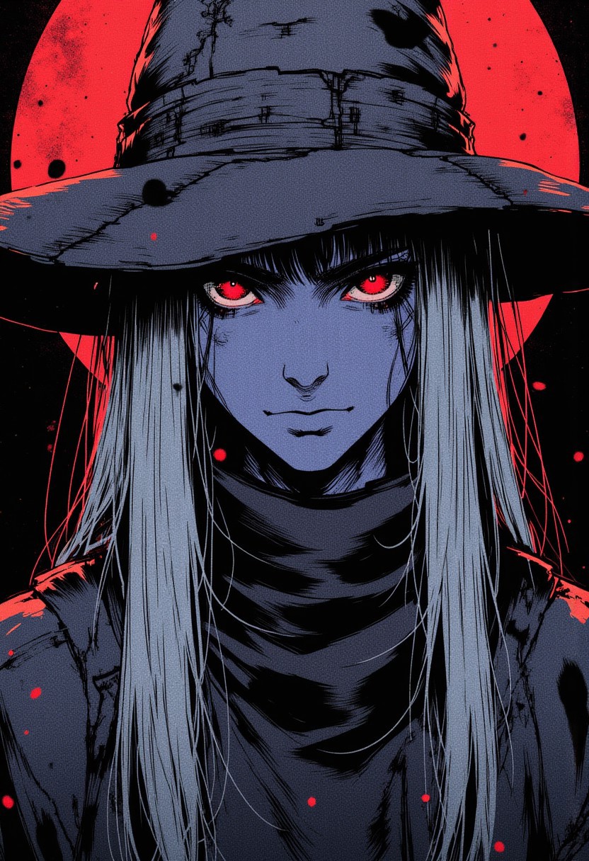rough sketch style, intense portrait of a dark blue elf woman with a cold, calculated, and extremely calm expression, wearing a large, tattered witch hat and a black scarf wrapped tightly around her neck. Her skin is a deep midnight blue, with sharp, angular features that convey an unyielding, composed presence. Her glowing electric blue eyes are serene, yet piercing, displaying a controlled intensity as if every move is carefully planned. The oversized witch hat sits with a slight tilt, adorned with faint silver runes that have aged over time. Her long, white hair flows from beneath the hat, smooth and perfectly arranged, emphasizing her composed demeanor. The black scarf wraps snugly around her neck, its texture rough but elegantly draped, with the ends hanging loosely down her chest. Her lips are set in a neutral, almost emotionless line, with no signs of aggression or tension. The rough sketch lines are sharp and precise, with minimal shading to highlight her immaculate calmness and the cold precision of her expression. The background features a glowing red moon in a pitch-black sky, casting an eerie, ominous glow around her figure. The contrast between the dark sky and the blood-red moon adds an unsettling, otherworldly atmosphere, perfectly complementing the elf's poised yet threatening presence.
S1n0z1ck style
