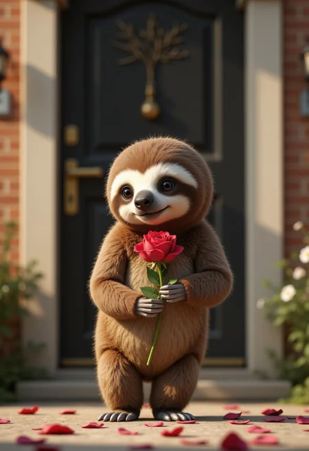 aidmaLOVEboost, a high quality digital image of an adorably shy little sloth standing by the front door of a house, he looks very bashful and is holding a rose in his little sloth claws and handing it over to the viewer