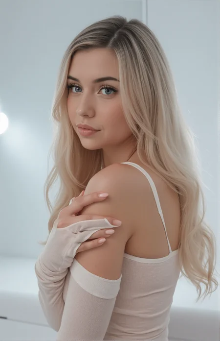 DahliaMixer, An extremely high resolution photograph of a stunningly beautiful woman in a completely white room wearing a provocative outfit, front lit brightly with ring light, portrait photo zoomed in on face