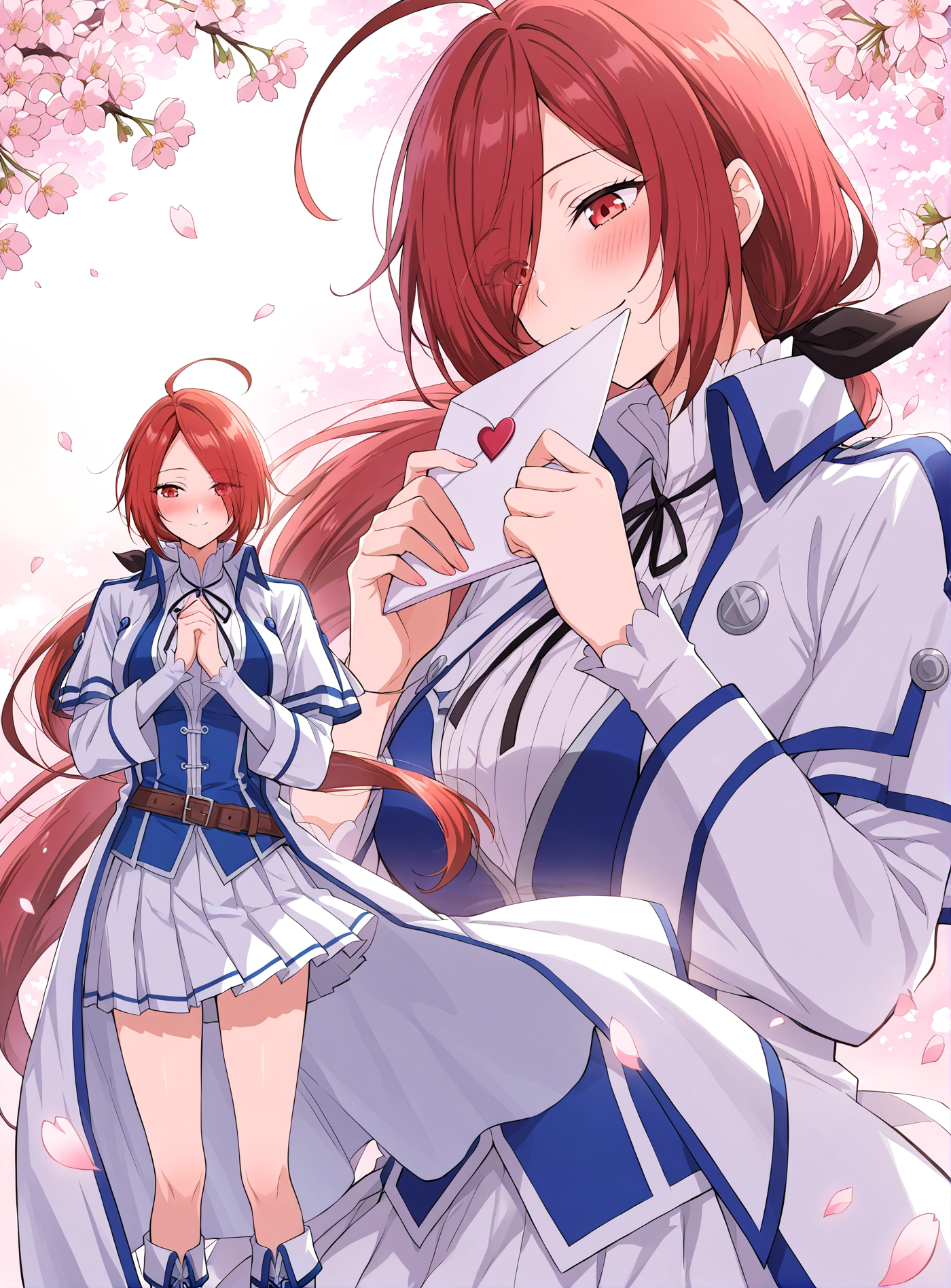 <lora:Xiao_Yu__Battle_Through_the_Heavens__Illustrious2:1>
1girl, solo,  red hair, long hair, long sidebangs, ahoge, low ponytail, hair over one eye, red eyes, anime style, 
white and blue uniform, fantasy outfit, long coat, white pleated mini skirt, high boots, layered clothing, puffy sleeves, black ribbon, waist belt, structured sleeves, large collar, open coat, chest bow, symmetrical outfit, hair loop,
score_9, score_8_up, score_7_up, very aesthetic, source_anime, detailed, high quality, beautiful, masterpiece, detailed eyes, confessing her love, nervously, emotional atmosphere, holding a love letter with both hands, standing, close-up, cherry blossoms falling, soft lighting, warm color palette, confession scene,  cherry background
