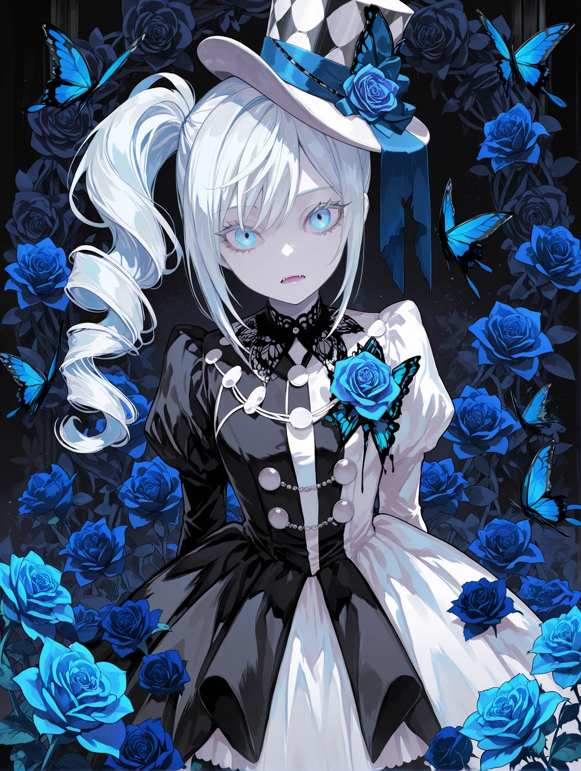 tcs,1girl,solo,white hair,long hair,side drill,blue eyes,pale skin,top hat,expressionless,open mouth,fangs,two-tone dress,white dress,black dress,flower,rose,blue rose,looking at viewer,bug,butterfly,masterpiece,best quality,amazing quality,<lora:tcs_style_v2_ilxl_lokr:1>,