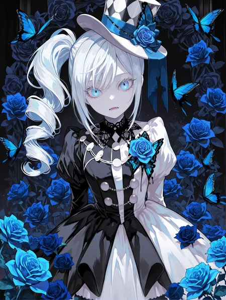 tcs,1girl,solo,white hair,long hair,side drill,blue eyes,pale skin,top hat,expressionless,open mouth,fangs,two-tone dress,white dress,black dress,flower,rose,blue rose,looking at viewer,bug,butterfly,masterpiece,best quality,amazing quality,<lora:tcs_style_v2_ilxl_lokr:1>,