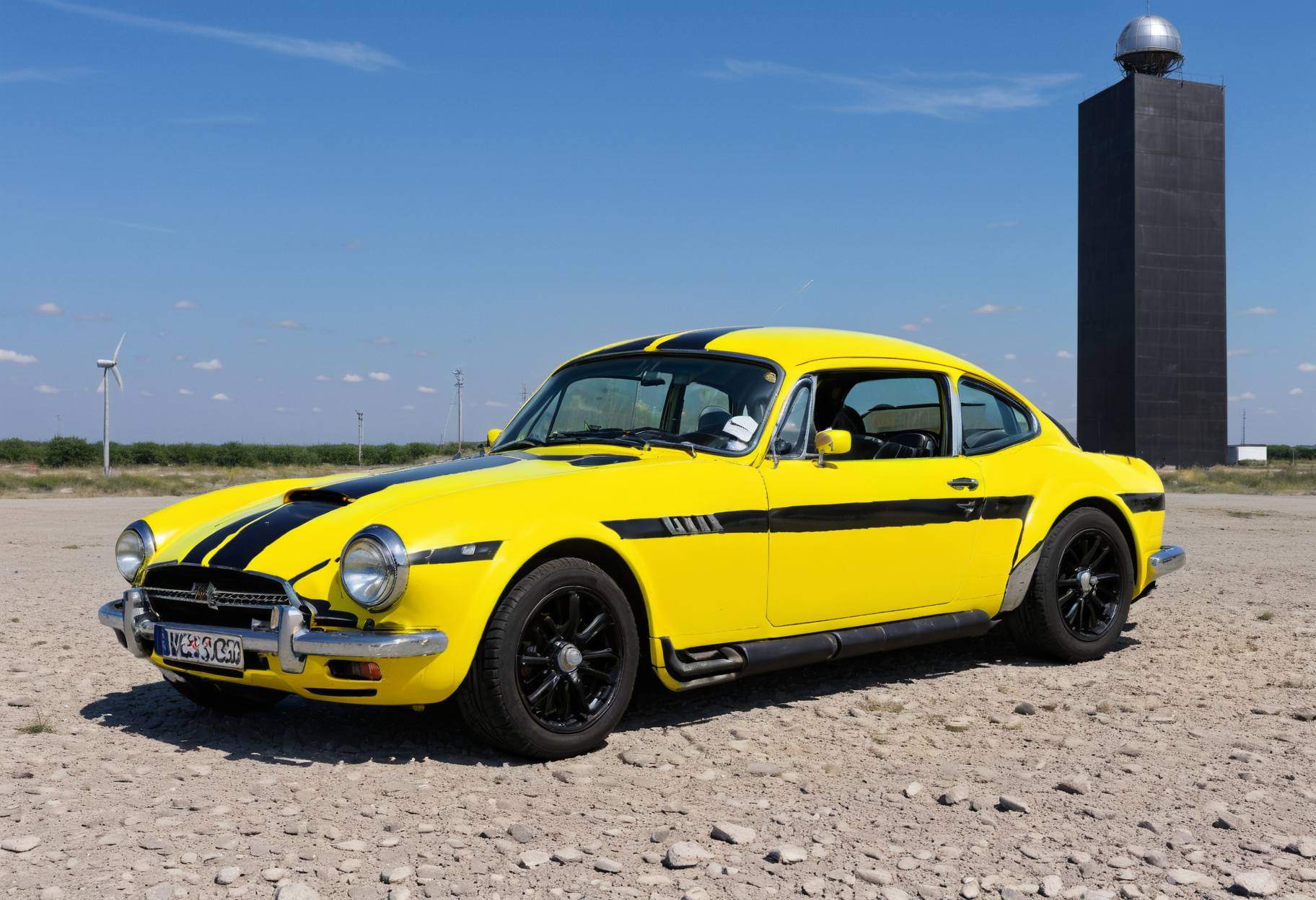 lgcrs,a car looking like a wasp,with aggressive color pattern,neon black,parked before a black tower in a wasteland,with headlights on, zebra like
<lora:Retro_Cars-000011:0.7>,