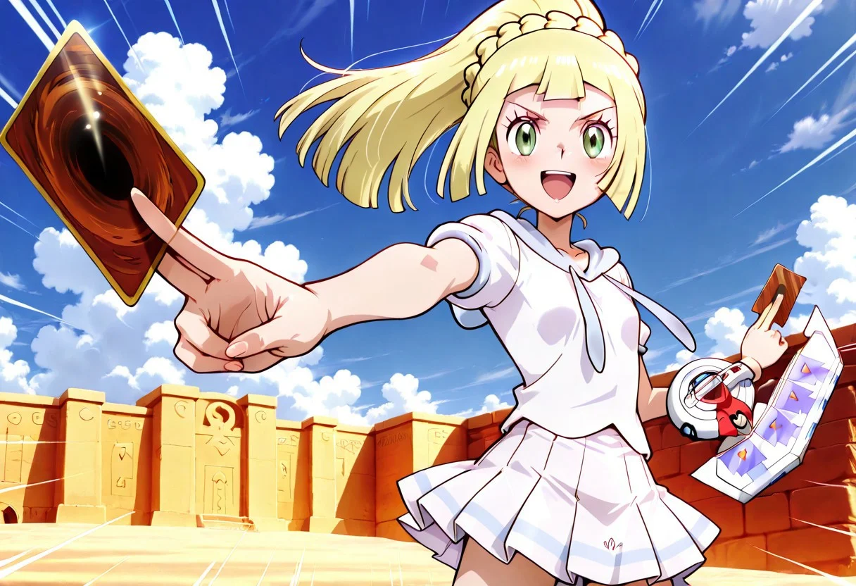 high quality,Expressiveh,very aesthetic, high resolution,8k,1 girl,Sunny day,clear sky,in ancient egypt,BREAK,zzLillie, long hair, ponytail, French braid, white shirt, short sleeves, white skirt, pleated skirt,Duel_Disk,young,cute,petite,small,flat chest,excited,smug,smirk,overconfident,cocky,laughing,standing,2 cards in hand,facing the viewer,holding yugioh card, yugioh card,yugioh card,holding 2 cards,BREAK,dynamic lines,action shot,movement,Speed Lines,motion lines,front view of girl holding 2 cards,dynamic pose, foreshortening, extreme perspective