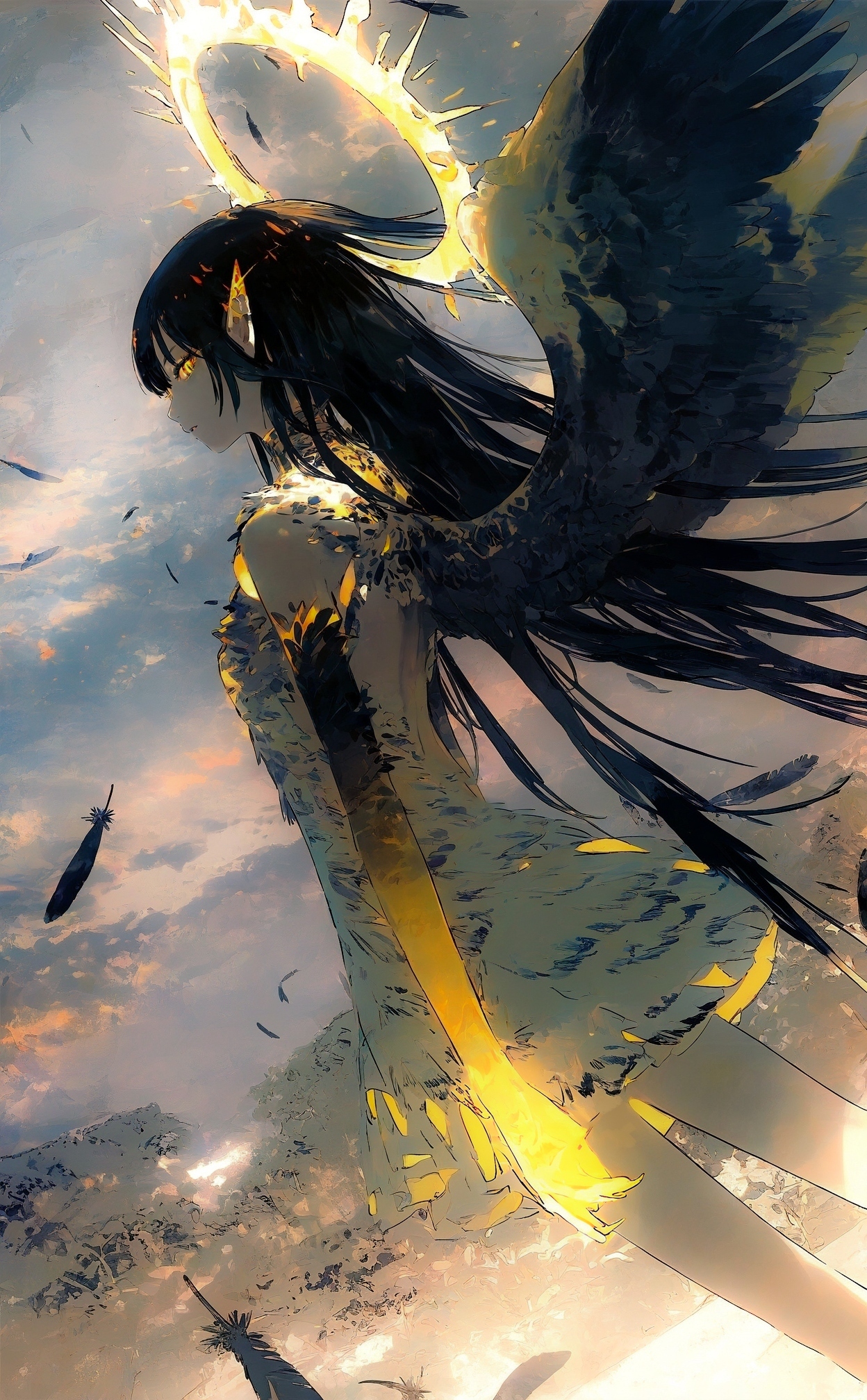 (by kukka:1.2), 
portrait, from side, profile,  dynamic angle, dutch angle, 
(glowing yellow aura:1.1) theme, (dynamic pose:1.2), glowing yellow arms,
aurel crown, 1girl, black hair, straight hair, sideways glance, staring, glowing yellow eyes, slit pupils, thick eyelashes, long eyelashes, glowing halo, winged halo, elf ears, glowing clothes, glowing eyes,
black feathers, feathered wings,
detailed background, glowing theme,
outdoors, (scenery:1.2), textured detailed illustration, gradient skin, 
very awa, best quality, highres, masterpiece, very aesthetic,
<lora:nhl-004:0.9>  nhl-004,