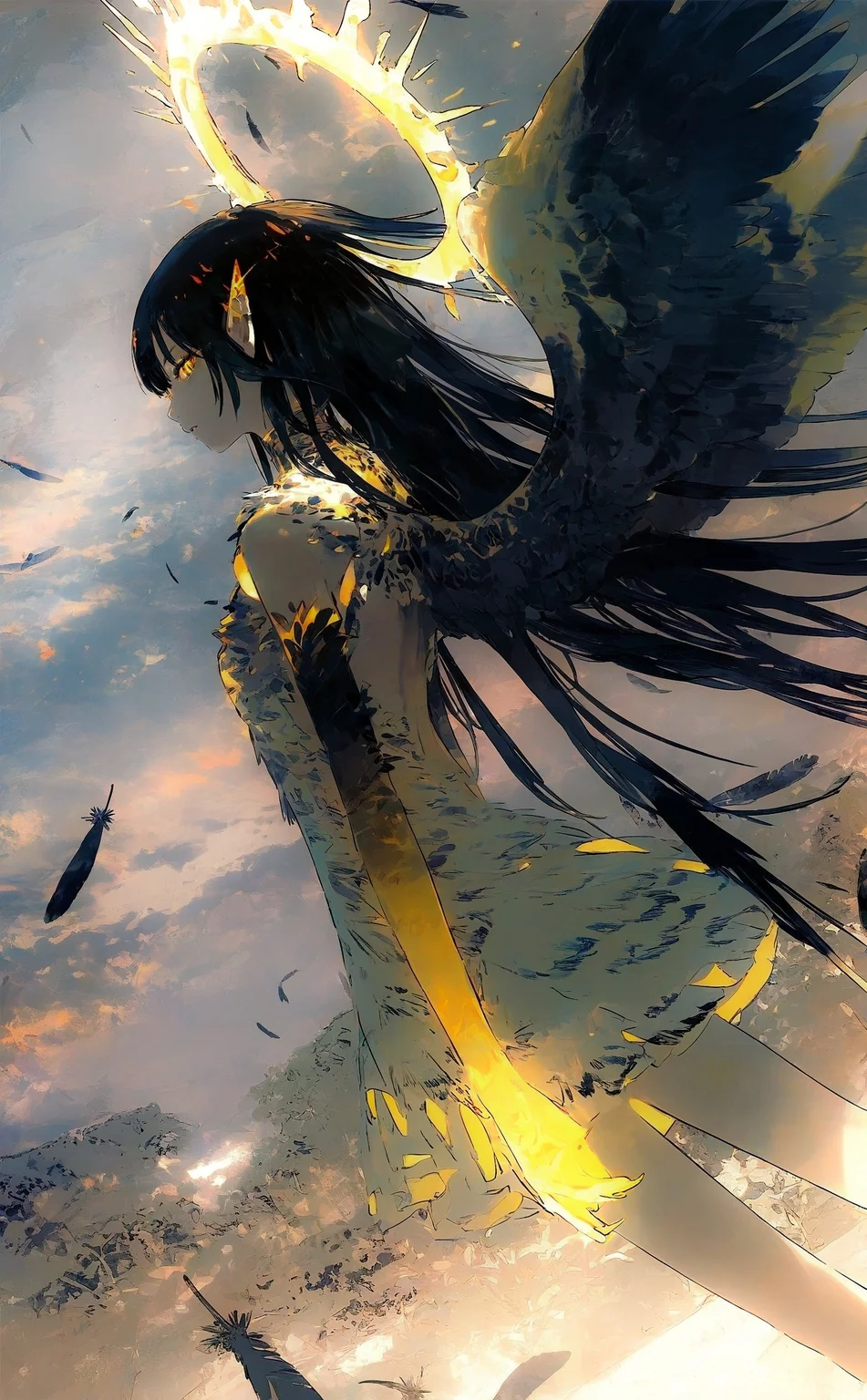 (by kukka:1.2),
portrait, from side, profile, dynamic angle, dutch angle,
(glowing yellow aura:1.1) theme, (dynamic pose:1.2), glowing yellow arms,
aurel crown, 1girl, black hair, straight hair, sideways glance, staring, glowing yellow eyes, slit pupils, thick eyelashes, long eyelashes, glowing halo, winged halo, elf ears, glowing clothes, glowing eyes,
black feathers, feathered wings,
detailed background, glowing theme,
outdoors, (scenery:1.2), textured detailed illustration, gradient skin,
very awa, best quality, highres, masterpiece, very aesthetic,
<lora:nhl-004:0.9> nhl-004,