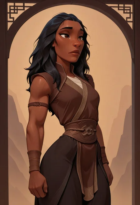 masterpiece, best quality, amazing quality, very aesthetic, absurdres, 1girl, solo, MMWC, Raya, Chinese, female, dark skin, black hair, long hair, toned, brown eyes, narrow eyes, snub-nose, arm band, brown wrist_wraps, salakot,