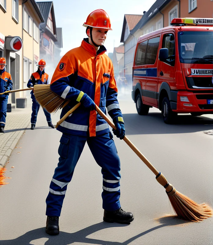 a jugendfeuerwehr mans with a broom and sweeps the street, photorealistic , anatomically correct, high quality, masterpiece, brandenburg <lora:Jugendfeuerwehr:1> <lora:add_detail:1>
