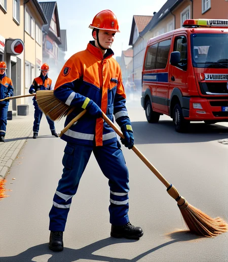 a jugendfeuerwehr mans with a broom and sweeps the street, photorealistic , anatomically correct, high quality, masterpiece, brandenburg <lora:Jugendfeuerwehr:1> <lora:add_detail:1>