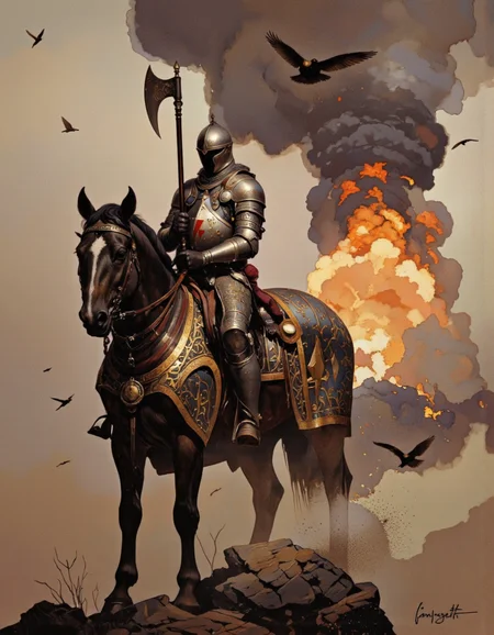 Art by Frank Frazetta. A dramatic digital painting of a dark knight in full armor, standing atop a dark horse, holding a large axe. the knight, positioned in the middle of the image, is wearing a full suit of armor with intricate designs, including a helmet, breastplate, and gauntlets, and is adorned with a breastplate with a triangular emblem. the horse, also adorned with armor, is standing still, with its mane and tail flowing behind it. the background is a dramatic, smoky sky with a few birds flying, and a large, fiery explosion can be seen in the distance. the artist's signature, "fryggett," is in the bottom right corner, adding a personal touch to the artwork. the dark knight's face is obscured by the armor, giving a sense of mystery and power to the scene.